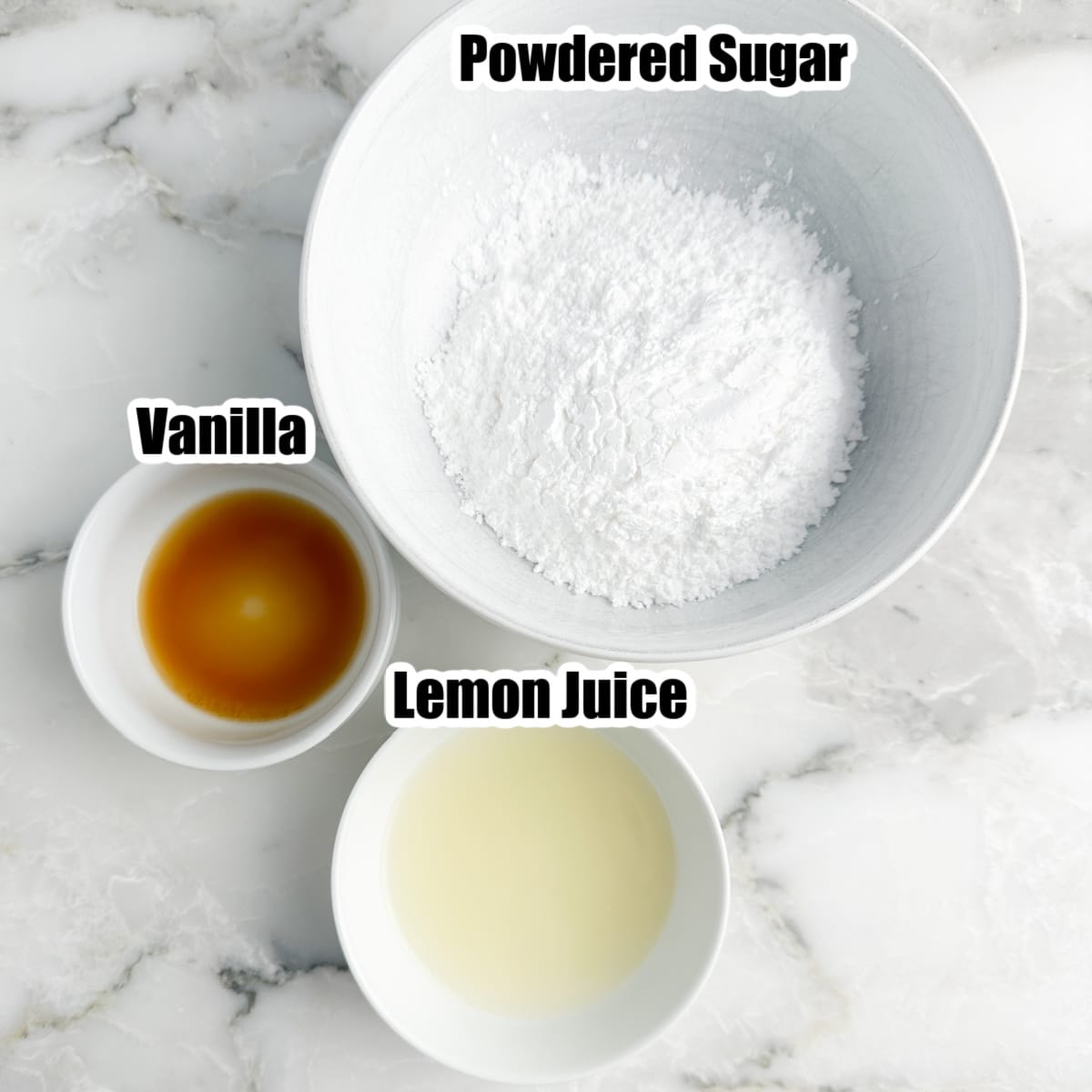 Bowl of powdered sugar, vanilla, and lemon juice.