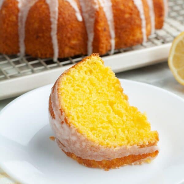 Piece of lemon cake on a plate.