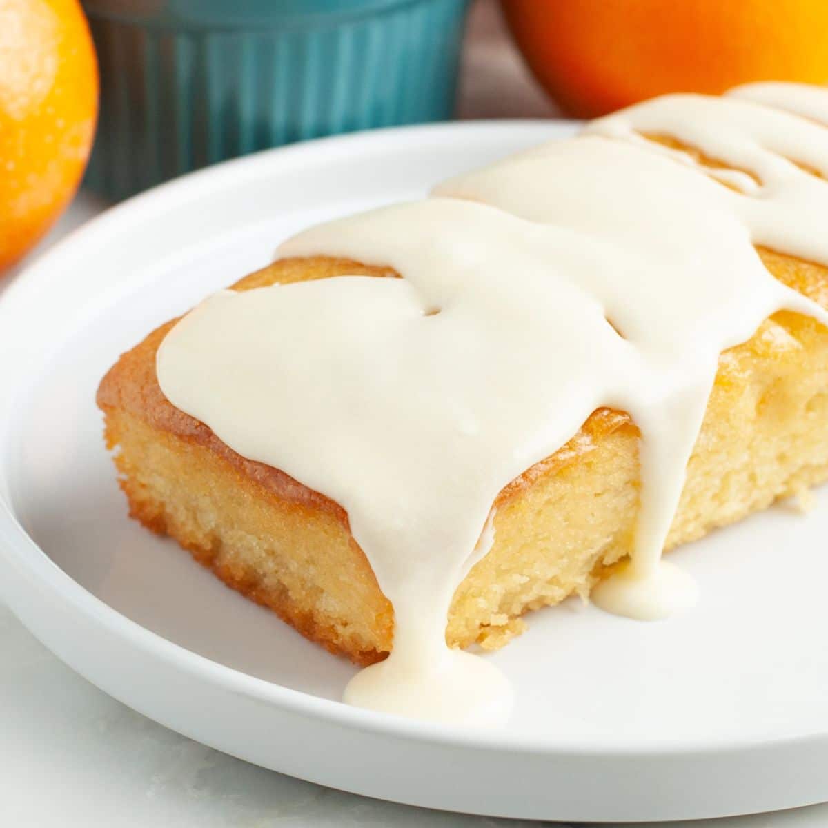 Loaf cake topped with icing. 