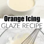 Bowl of orange icing and a whisk.