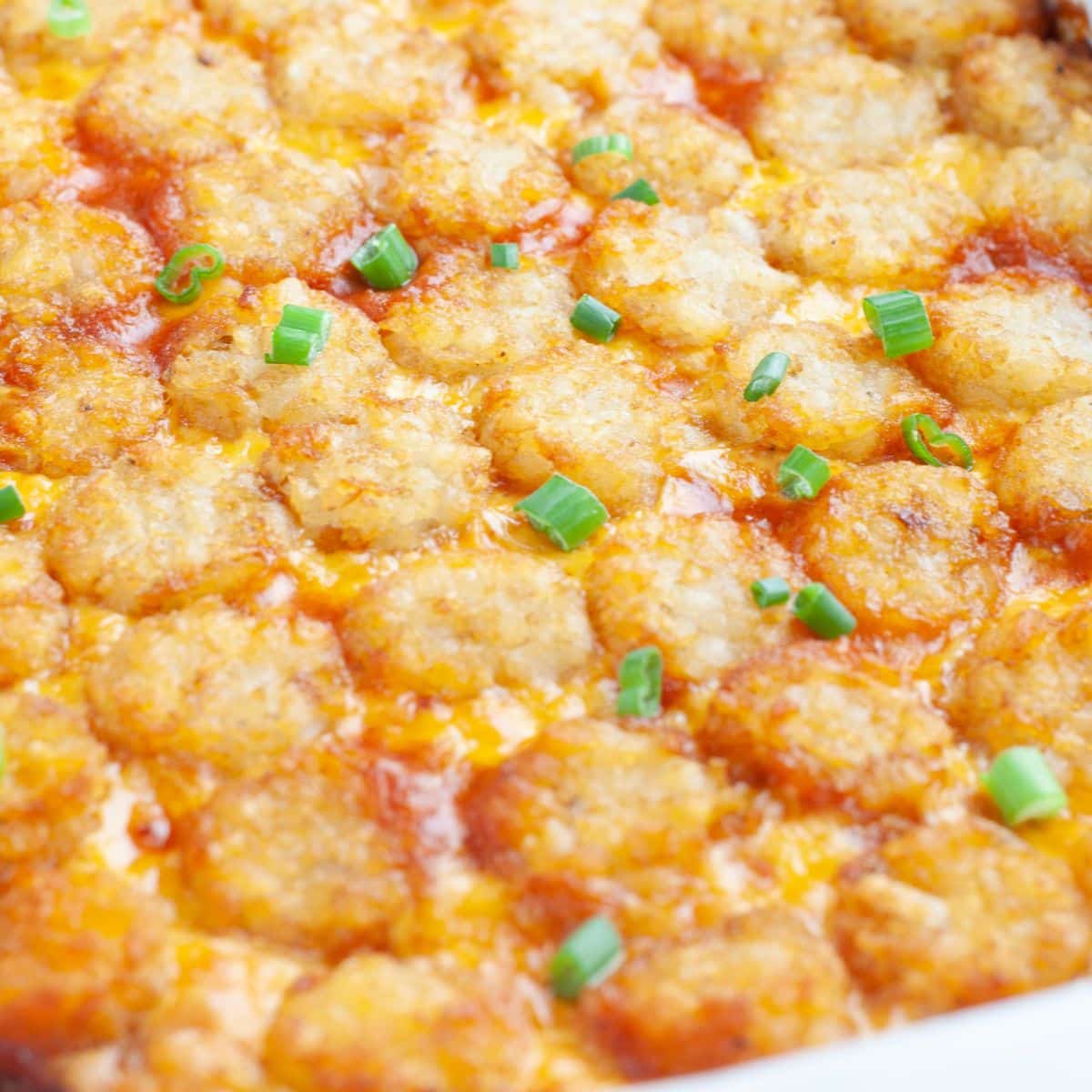 Tater tot casserole in a baking dish. 