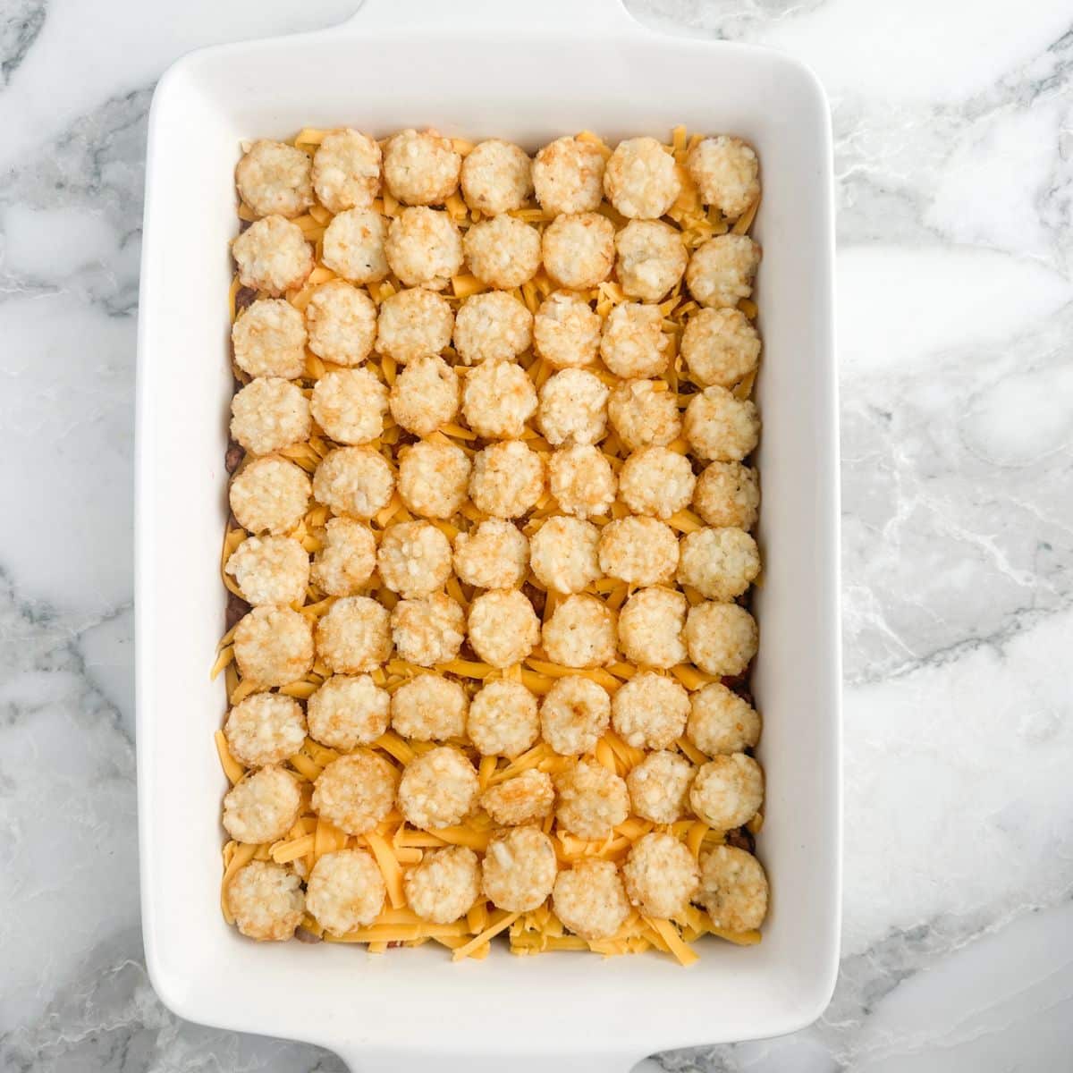 Casserole dish with beef and tater tots. 