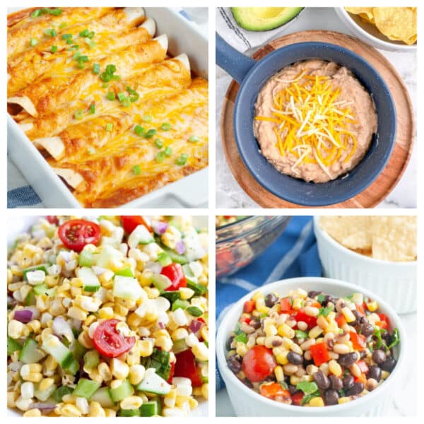 Enchiladas, refried beans, corn salad, and bean salad.