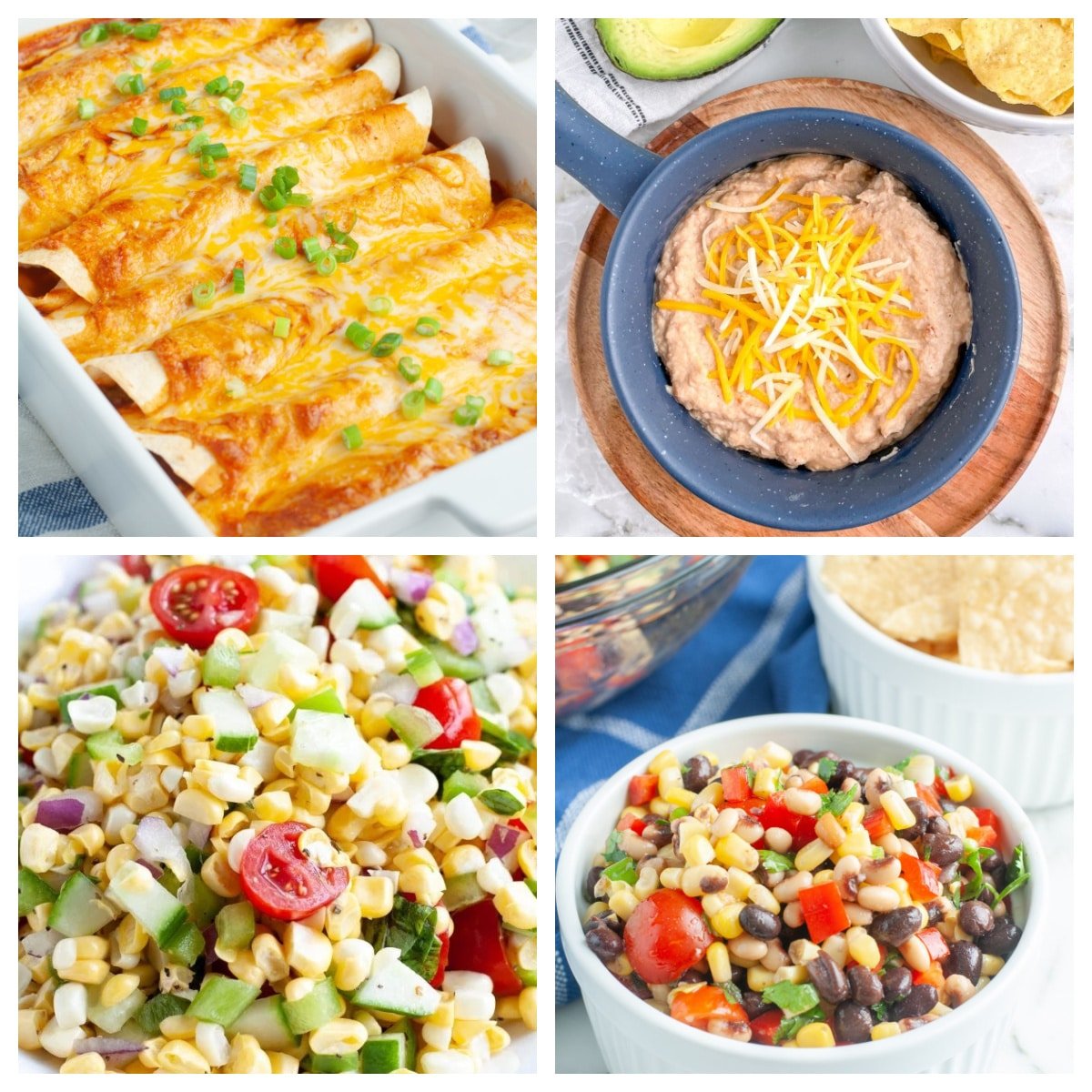 Enchiladas, refried beans, corn salad, and bean salad. 