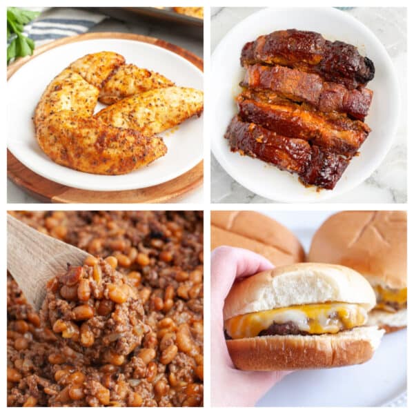 Chicken tenders, ribs, baked beans, and cheeseburger.