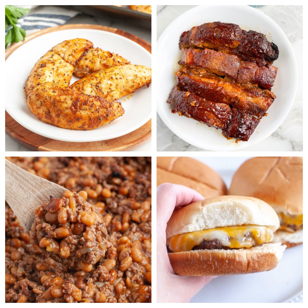 Chicken tenders, ribs, baked beans, and cheeseburger. 