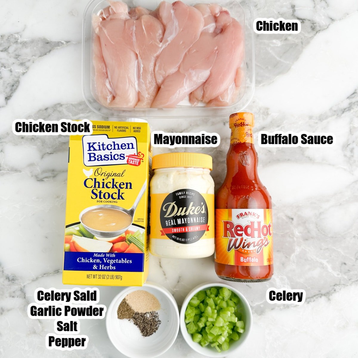 Chicken, chicken stock, buffalo sauce, mayonnaise, celery, and seasonings.