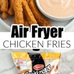 Bag of chicken fries and chicken fries on a plate.