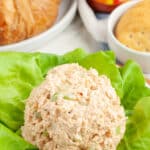 Scoop of chicken salad on a bed of lettuce.