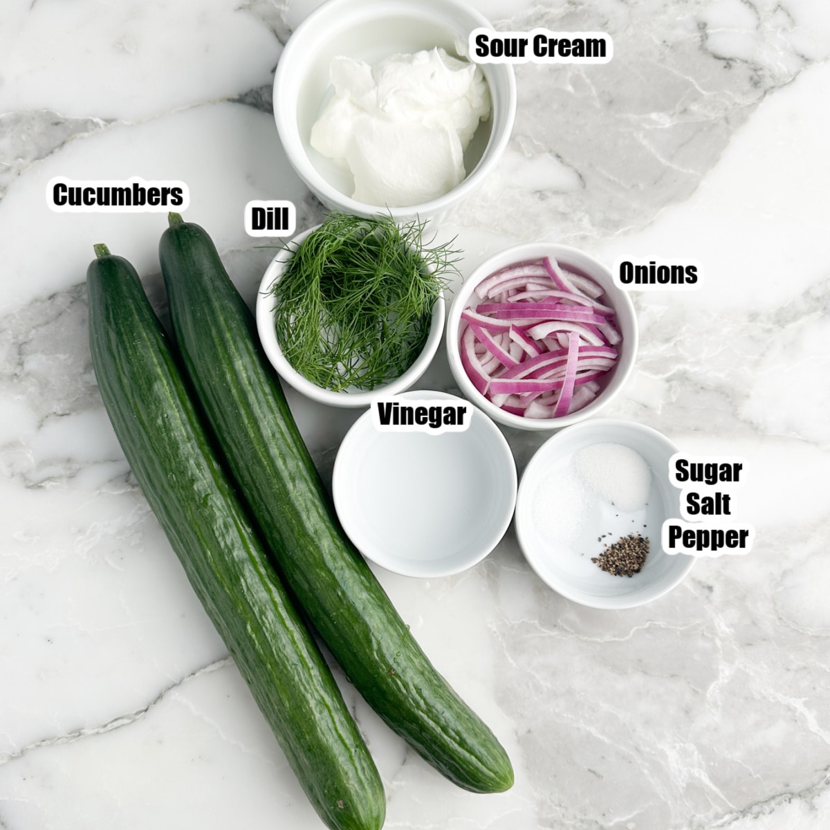 Two cucumbers. bowl of sour cream, dill, onions, vinegar, and seasonings.