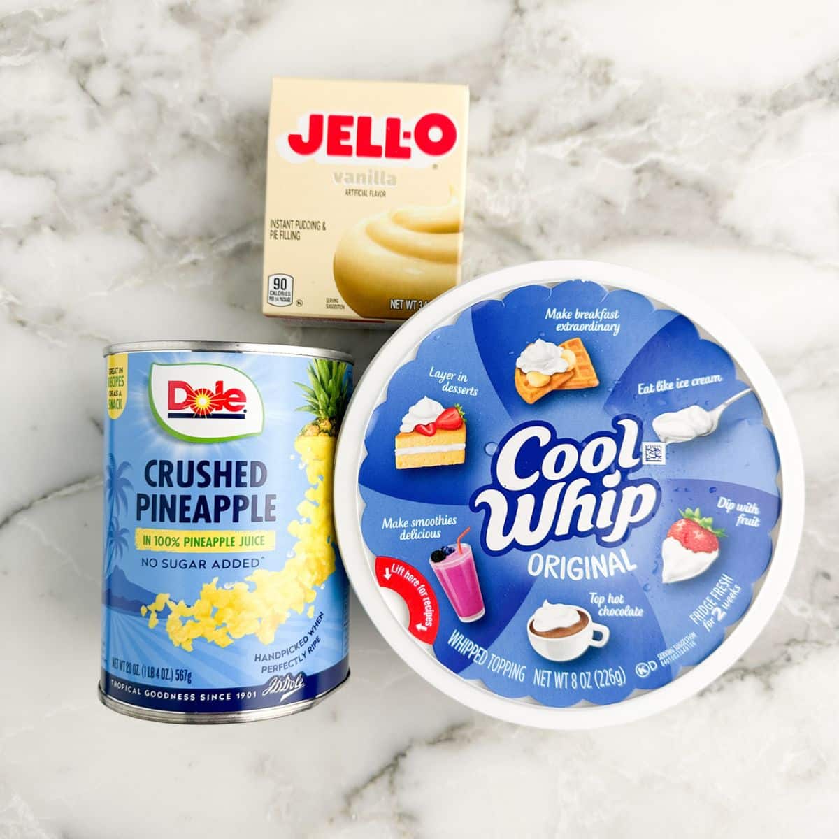 Box of vanilla pudding mix, can of crushed pineapple, Cool Whip. 