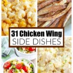 Macaroni and cheese, french fries, corn salad, and potato salad.