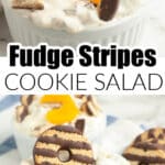 Bowl of cookie salad with Fudge Stripes cookies.