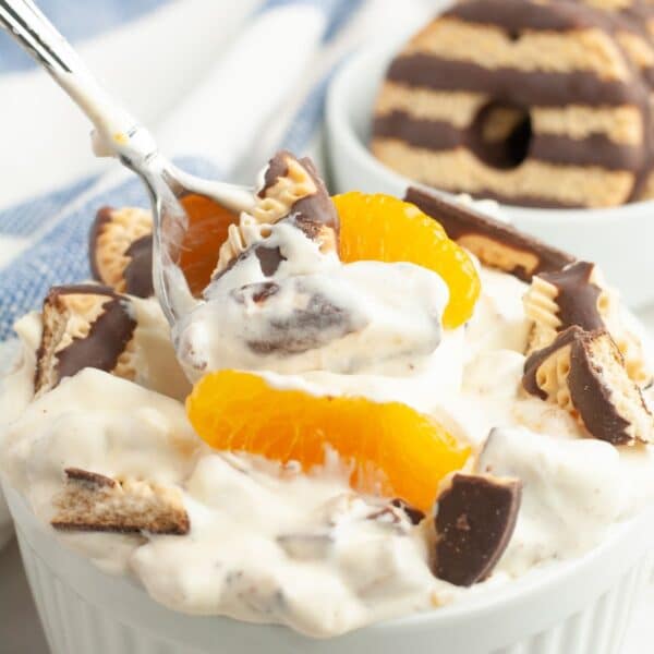 Bowl with creamy cookie salad and mandarin oranges.
