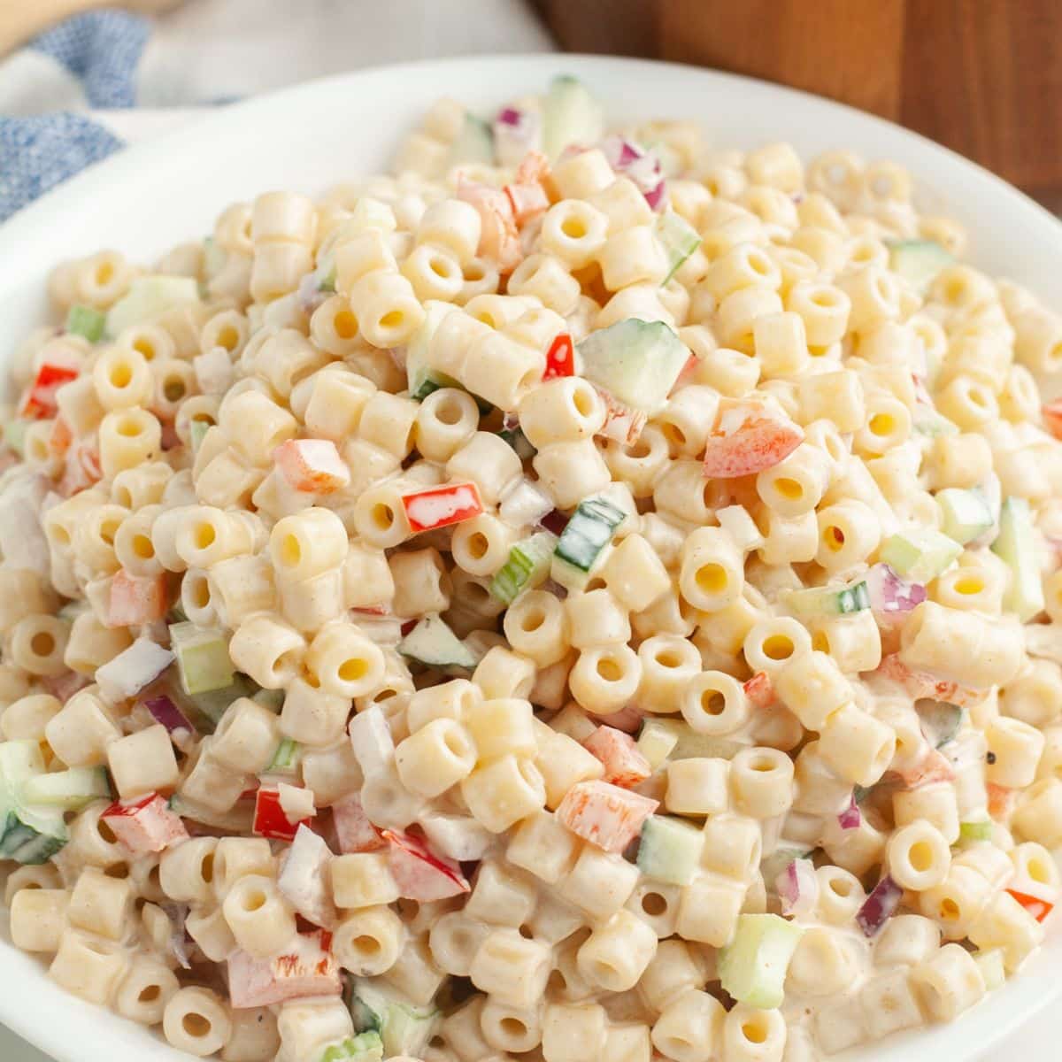 Bowl of pasta salad. 