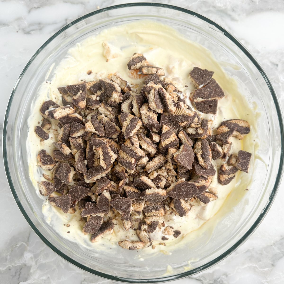 Bowl of vanilla pudding with crushed cookies. 