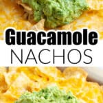 Cheese nachos with guacamole on top.