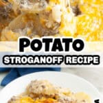 Potato stroganoff on a plate.