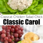 Ball of chicken salad on a bed of lettuce.