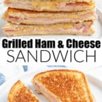 Grilled ham and cheese sandwich on a plate.