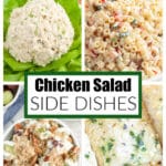 Chicken salad, pasta salad, grape salad, and garlic bread.