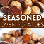 Halved seasoned roasted potatoes in a bowl.
