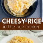 Cheesy rice on a plate.