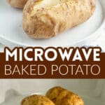 Plate with microwaved baked potatoes.
