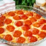 Pizza dip in a baking dish.