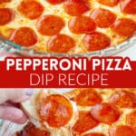 Pizza dip with a piece of bread.