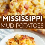 Diced potatoes with cheese and crumbled bacon.