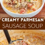 Bowl of creamy soup with pasta and sausage.