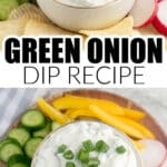 Bowl of green onion dip with potato chips, cucumbers, and radishes.