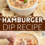 Velveeta hamburger dip in a bowl with tortilla chips.