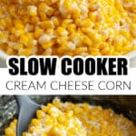 Bowl of creamy corn with a spoon.