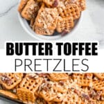Bowl of pretzels covered in toffee bits.
