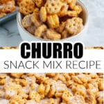 Honeycomb churro snack mix on a baking dish.