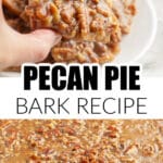 Hand holding pecan pie bark.