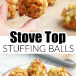 Hand holding stuffing balls and stuffing balls on a plate.