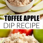 Bowl with toffee dip and apple slices.