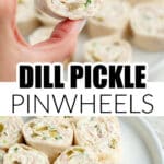 Dill pickle pinwheels on a plate and hand holding a pinwheel.