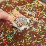 Hand holding graham cracker with melted marshmallow, chocolate, and sprinkles.
