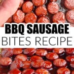 BBQ sausage bites in a casserole dish.