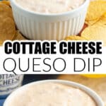 Bowl with cottage cheese queso dip and a chip.