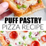 Puff pastry pizza on a pan.