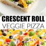 Slice of veggie pizza on a plate.