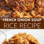 Wooden spoon with onion soup rice.