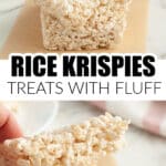Rice Krispies treats on a table and held in a hand.