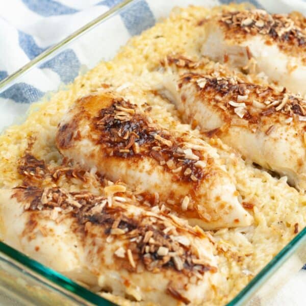 Baking dish with chicken and rice.