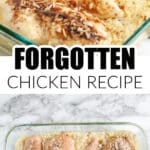 Casserole dish with chicken breasts on top of rice.